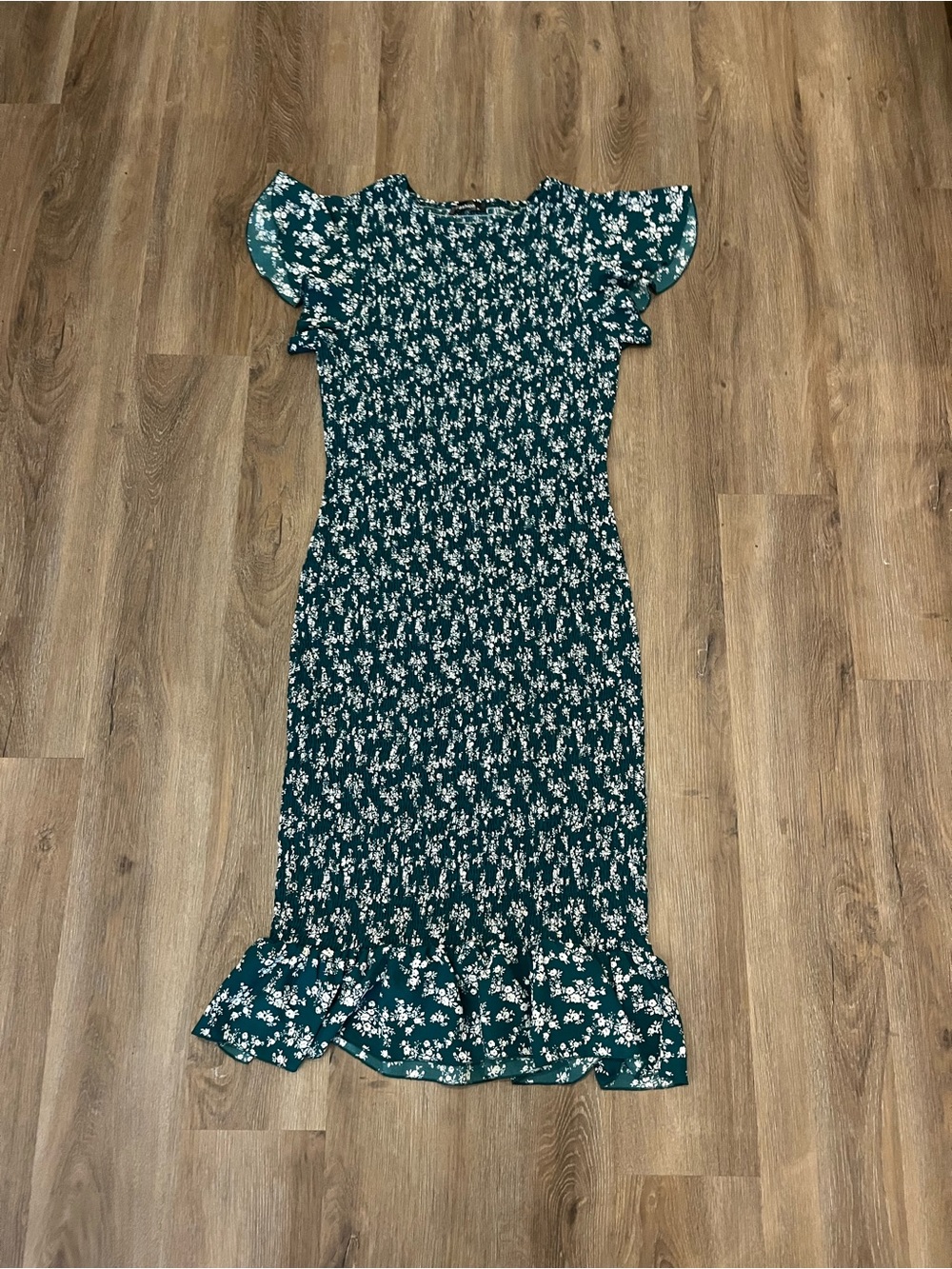 Forest Green Smocked Floral Ruffle Midi Dress with Flowy Sleeves and Bottom